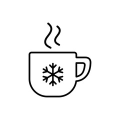 cup of coffee, tea with steam, snowflake, line icon black on white