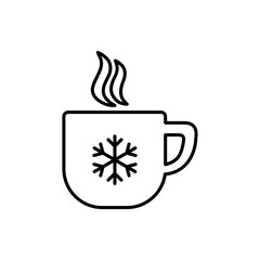 cup of coffee, tea with steam, snowflake, line icon black on white