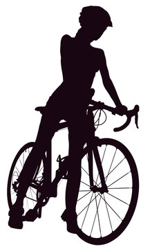 Silhouette of woman with a bicycle, isolated on a white