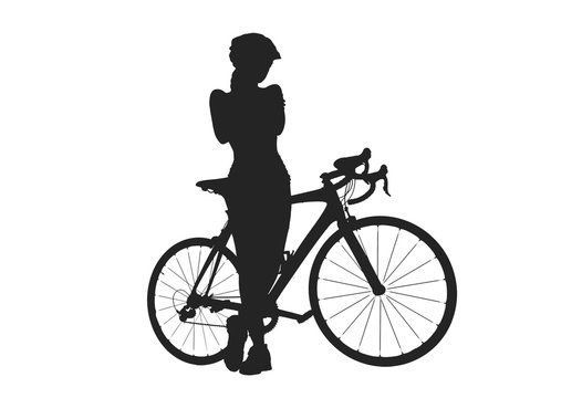 Silhouette of woman with a bicycle, isolated on a white
