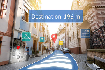 Augmented reality technology , Virtual Navigation concept. Graphic of AR application screen to show destination place.