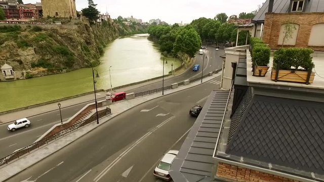 AERIAL: view of old Tbilisi and the river Kura