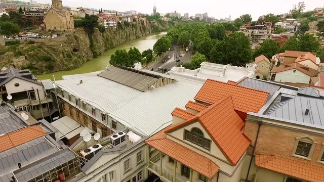 AERIAL: view of old Tbilisi and the river Kura