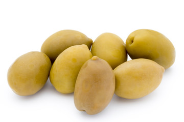 Green big olives on the white background.