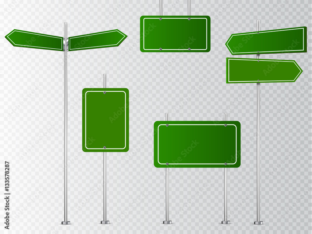 Poster set of blank vector road signs isolated on transparent background.