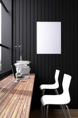 3D Rendering : illustration of coffee cafe decoration interior or pc office of computer worker interior.modern loft cafe style.city view out side. worked at cafe