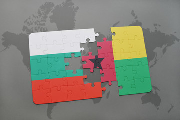 puzzle with the national flag of bulgaria and guinea bissau on a world map