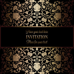 Abstract background with antique, luxury black and gold vintage frame, victorian banner, damask floral wallpaper ornaments, invitation card, baroque style booklet, fashion pattern, template for design