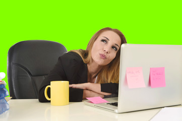 business woman working at office laptop computer isolated green chroma key screen