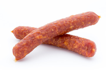 Smoked sausage salami isolated on a white background.