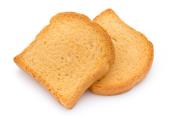 Slices of toast bread on wooden table, top view.