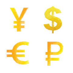 Polygonal ruble yen dollar euro signs