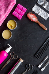 hairdresser working desk preparation for cutting hair top view