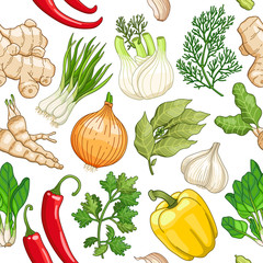 Fototapety  Wektor wzór warzyw z przyprawami i ziołami. Dekoracyjna kolorowa kompozycja na białym tle