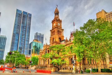 Fototapeta na wymiar The Sydney Town Hall in Australia. Built in 1889