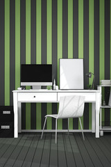 3D Rendering : illustration of modern interior Creative designer office desktop with PC computer.work place of graphic design.close up.Mock up.light from outside. frame mock up.clipping path included