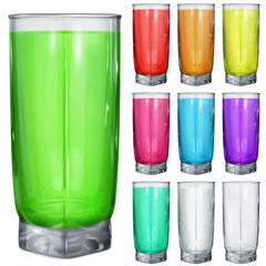 Set of opaque glasses with multicolored drinks on white background