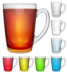 Set of opaque glass cups with multicolored drinks on white background