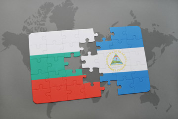 puzzle with the national flag of bulgaria and nicaragua on a world map