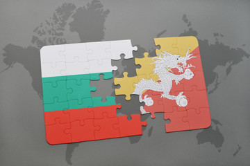 puzzle with the national flag of bulgaria and bhutan on a world map