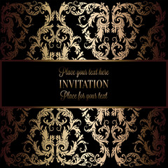 Abstract background with antique, luxury black and gold vintage frame, victorian banner, damask floral wallpaper ornaments, invitation card, baroque style booklet, fashion pattern, template for design