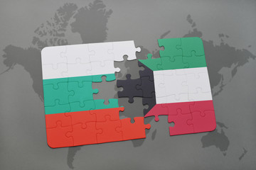 puzzle with the national flag of bulgaria and kuwait on a world map