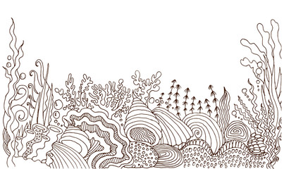 Raster cute coloring page stylized as a sea bottom. Art therapy and relaxation, page for coloring book for adults and kids, design element.