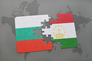 puzzle with the national flag of bulgaria and tajikistan on a world map