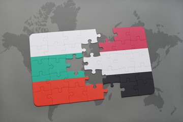 puzzle with the national flag of bulgaria and yemen on a world map