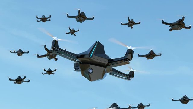 Swarm of security drones with surveillance camera flying in the sky. 3D rendering animation.