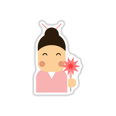 Vector illustration of Chinese new year celebration in paper sticker style Chinese woman in traditional headdress with sparkler