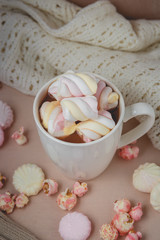 Hot chocolate drink with marshmallow, beze, popcorn