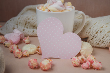 Good morning with hot chocolate on wooden table