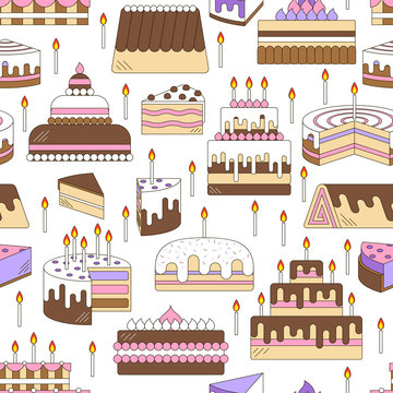 Cake With Candle Vector Icon Line Seamless Pattern. Sweet Dessert Illustration. Happy Birthday Wedding Party Celebration Food Silhouette. Bakery Cafe Restaurant Design Element. Chocolate Cream Slice