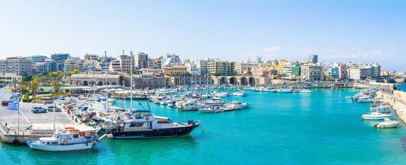 Crete, Heraklion city panoramic skyline view to famous Venetian port