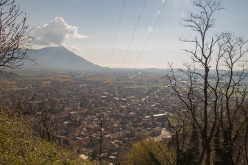 Val di Susa through branches with its villages Piedmont. Italy