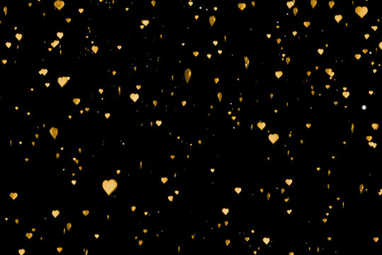 valentine day gold hearts shape rise like frizz champagne golden bubbles movement on black background with alpha channel matte, holiday festive valentine day love