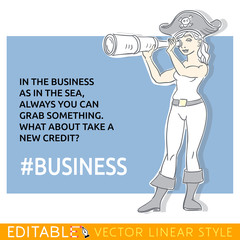 Pirate's mistress with spyglass about business. Humorous meme card. Editable line sketch. Stock vector illustration quote.