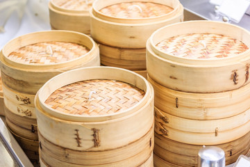 Stack of Chinese Bamboo Steamer, dim sum in bamboo steamer, chinese cuisine