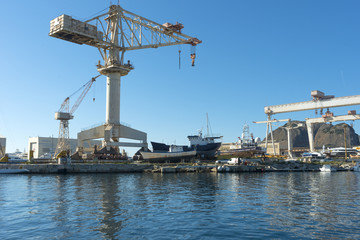 Giant cranes shipyard La Ciotat, Provence France.