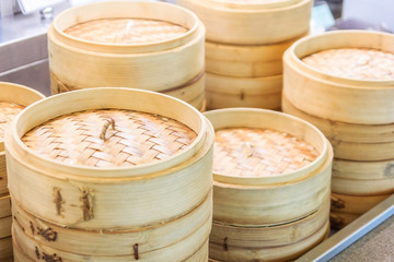 Stack of Chinese Bamboo Steamer, dim sum in bamboo steamer, chinese cuisine