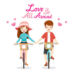 Obraz na płótnie Canvas Man And Woman Riding Bicycle, Clasping Hands, Love Is All Around, Valentine’s Day, Love, Relationship, Sweetheart, Engagement, Wedding