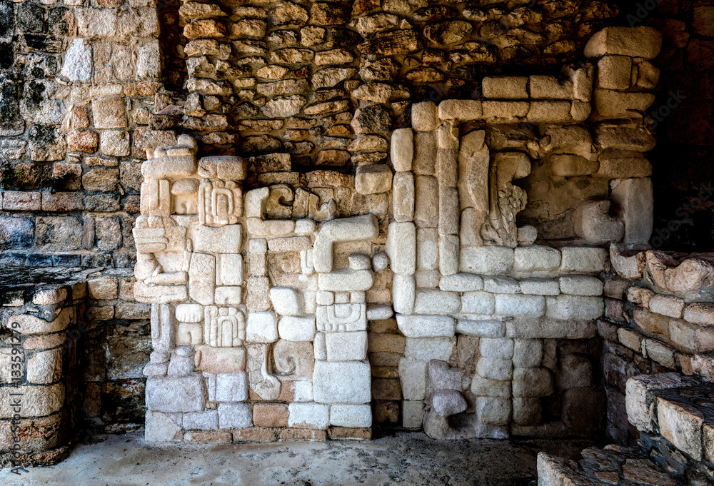 Sticker ancient mayan wall decorations in one of the rooms of acropolis in ek balam, a late classic yucatec-