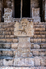 Head of serpent with Mayan hieroglyphs in Ek Balam, a late classic Yucatec-Maya archaeological site located in Temozon, Yucatan, Mexico.
