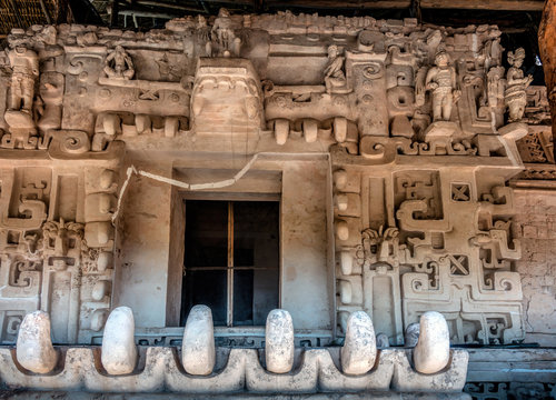 Exterior facade of the tomb of U Kait Kan Leak Tok, a ruler of Ek Balam 770-801 AD. Ek Balam is a late classic Yucatec-Maya archaeological site located in Temozon, Yucatan, Mexico.