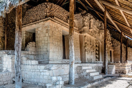Exterior facade of the tomb of U Kait Kan Leak Tok, a ruler of Ek Balam 770-801 AD. Ek Balam is a late classic Yucatec-Maya archaeological site located in Temozon, Yucatan, Mexico.