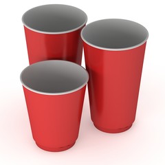 Disposable drink cups. Red paper mug. 3d render isolated on white background