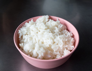 Jasmine rice in the plastic bowl.
