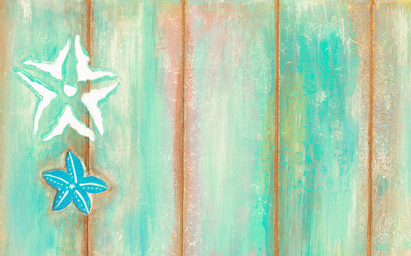 Starfishes on peeling paint wooden background