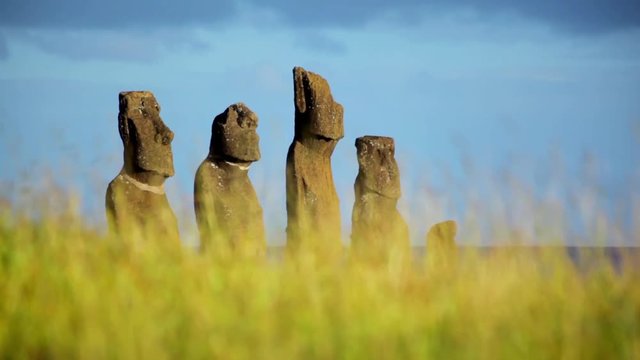 Easter Island statues on a sunny day.